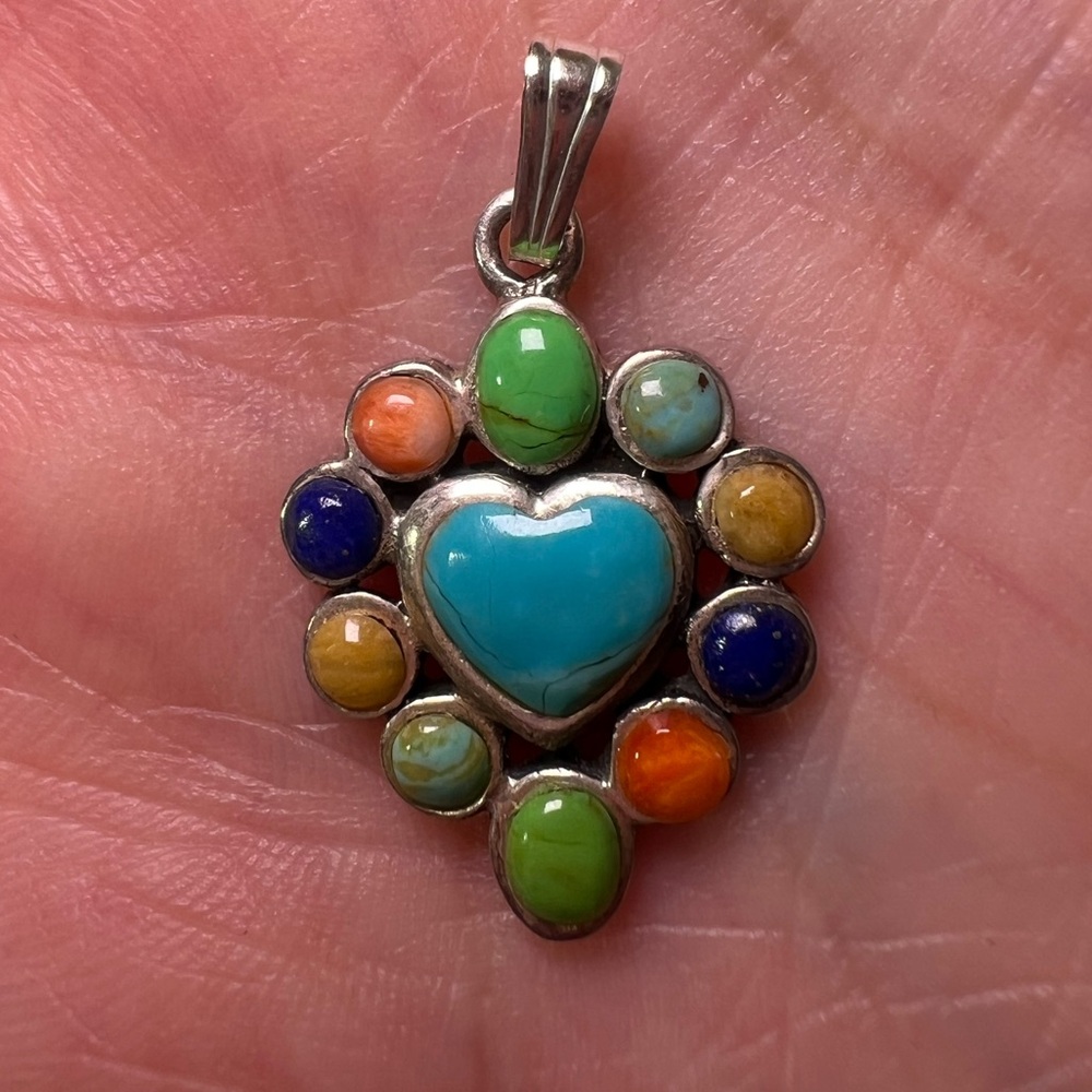 Heart Turquoise Multi Gemstone Sterling Silver 925 Necklace Pendant